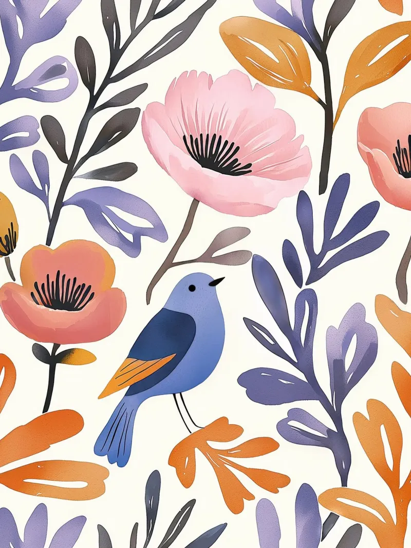 Bluebird Poppy Garden Vintage Floral con morbide piume poster con telaio in plastica da Gentle Echoes Art