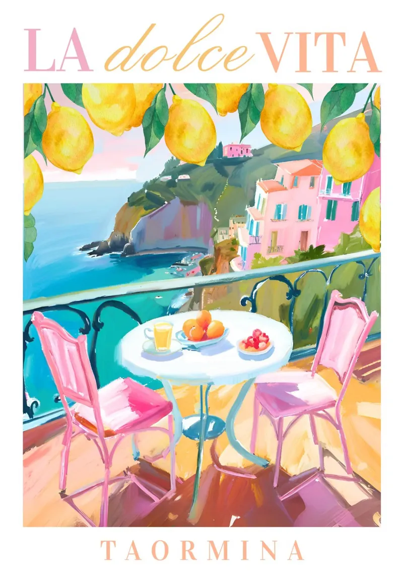 Taormina Italy Print, La Dolce Vita, Lemon Poster poster con telaio in alluminio da Bella Studio