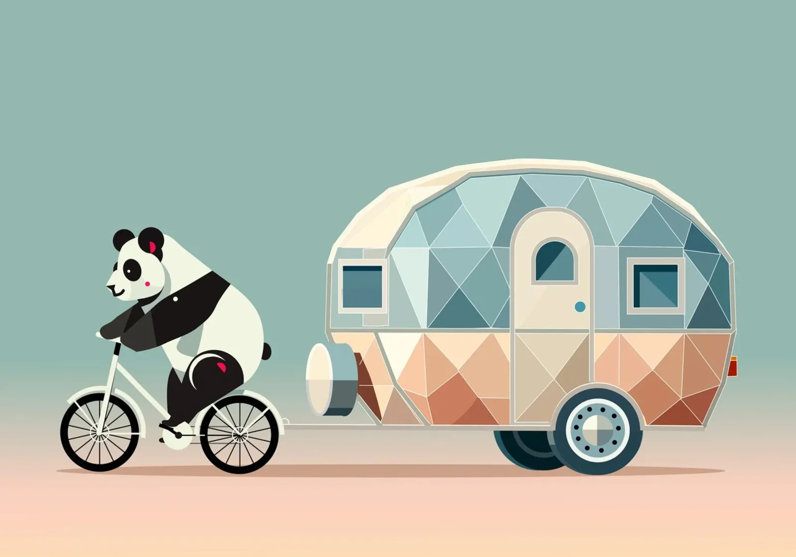Panda on bicycle with caravan - Charming travelling design poster with plastic frame by namosh