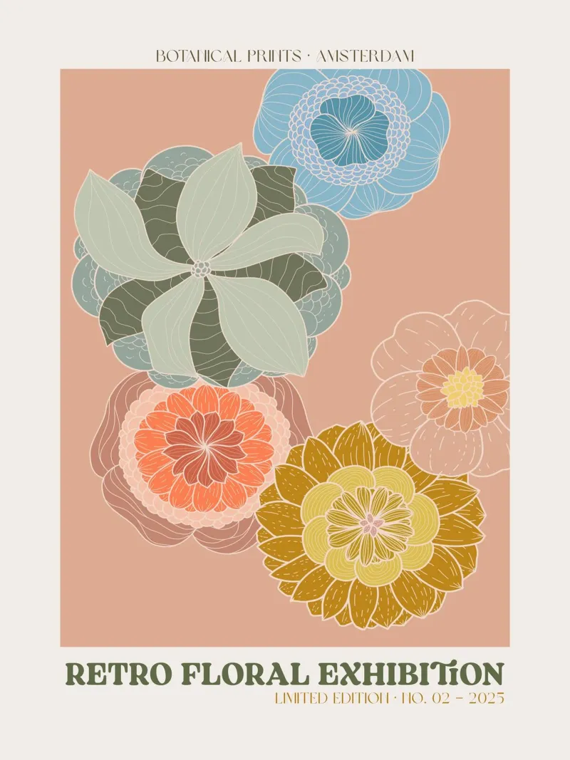 Retro Floral Exhibition No 06 canvas met Baklijst van treechild