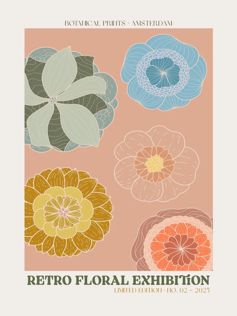 Retro Floral Exhibition No 07 canvas met Baklijst van treechild
