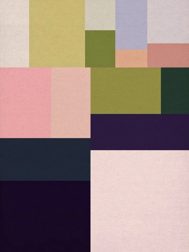 Mid-Century Bohemian Geometry • Summer Fields in Pink, Green canvas by Dominique Vari Abstract