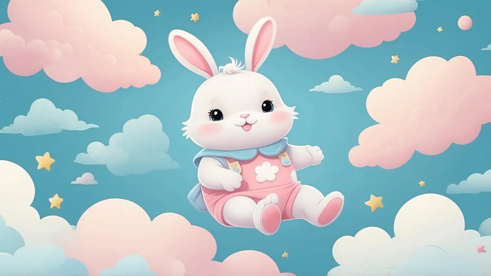 Simpatico coniglietto in abito rosa che fluttua tra soffici nuvole poster da DesignDoodle
