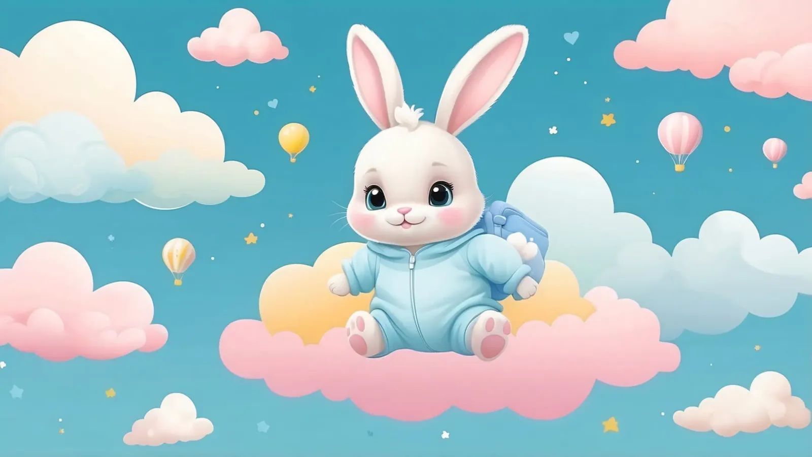 Lindo conejo de dibujos animados en un traje azul flotando en las nubes con metacrilato de DesignDoodle