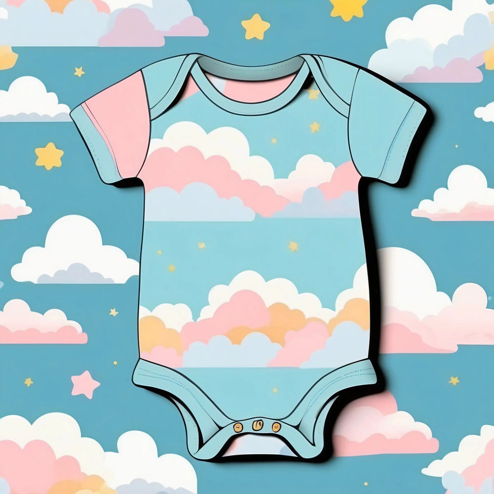 Grenouillère pour bébé avec motif de nuages en bleu, rose et jaune. hahnemühle de DesignDoodle