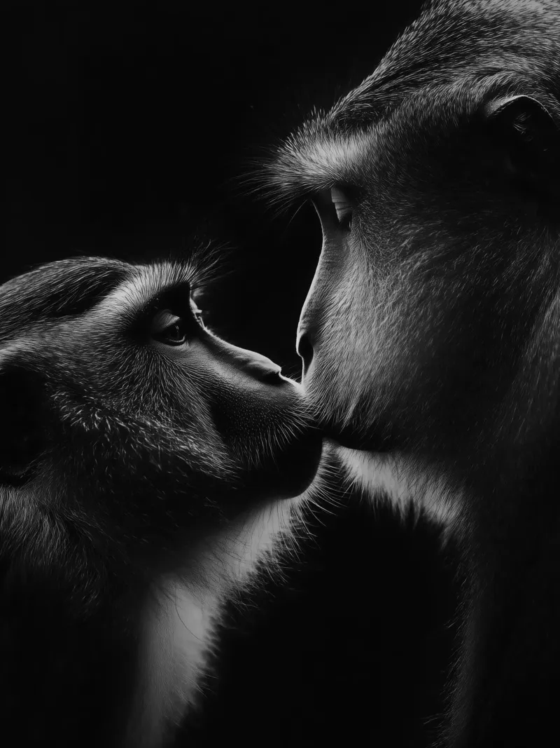 Monkey love | Bacio in bianco e nero poster con telaio in alluminio da Autofocus
