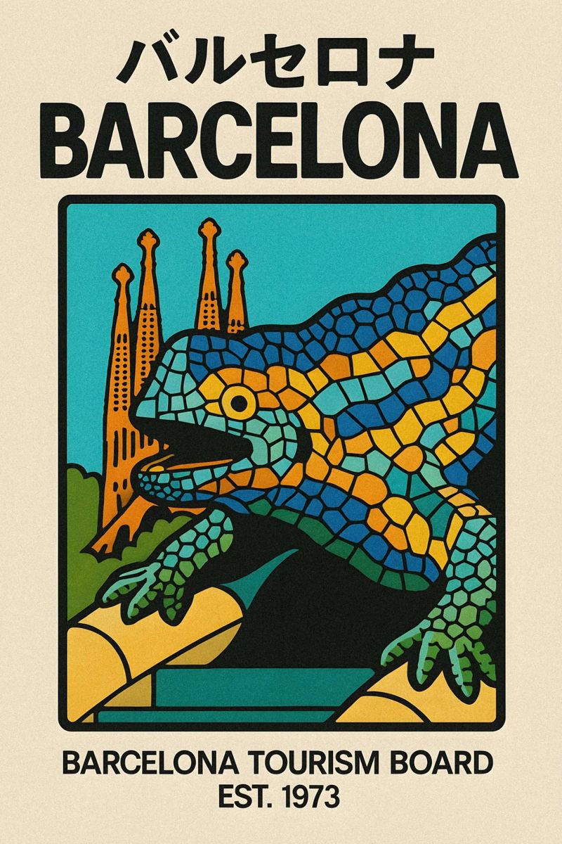 World Icons – Retro Travel Series - Barcelona Mosaic poster by Studio Mooodz