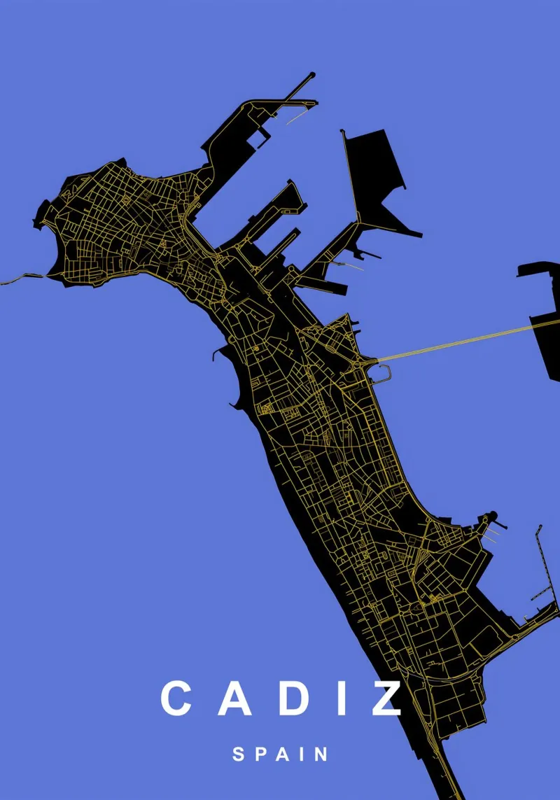 Cadice Spagna - Mappa della città in nero e oro poster con telaio in plastica da Cartographers Library