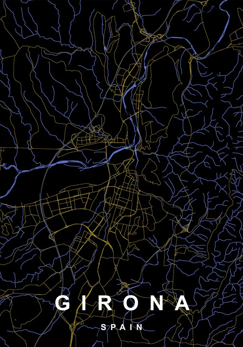 Girona Spagna - Mappa della città in nero e oro poster con telaio in legno da Cartographers Library