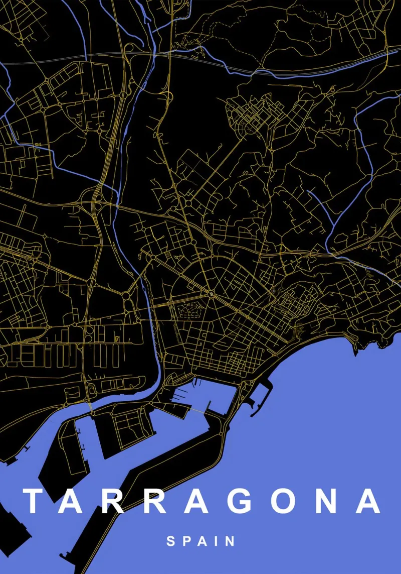 Tarragona Spagna - Mappa della città in nero e oro poster con telaio in plastica da Cartographers Library