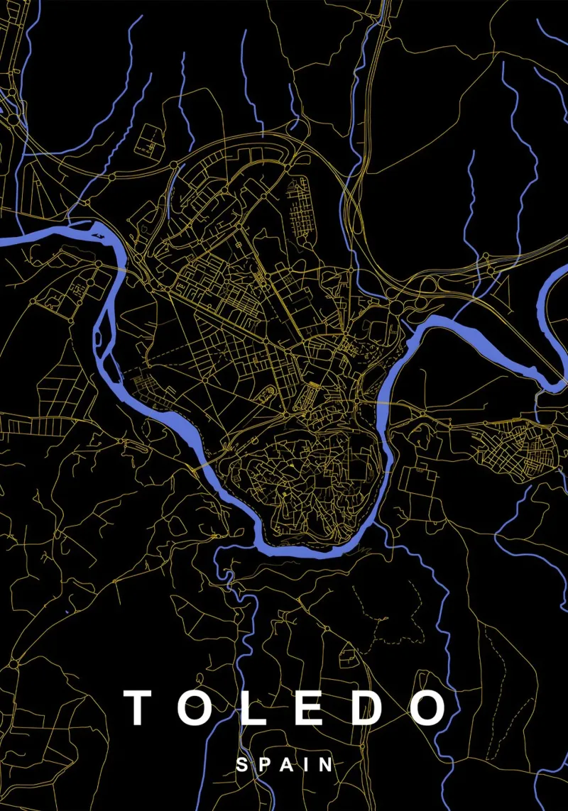 Toledo Spagna - Mappa della città in nero e oro poster con telaio in plastica da Cartographers Library