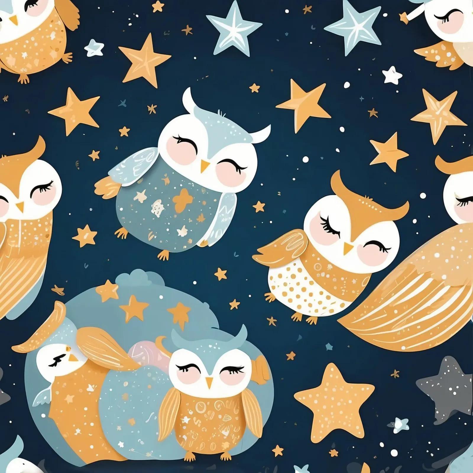 Whimsical owl pattern with colorful stars in a night sky canvas with Floater frame by DesignDoodle