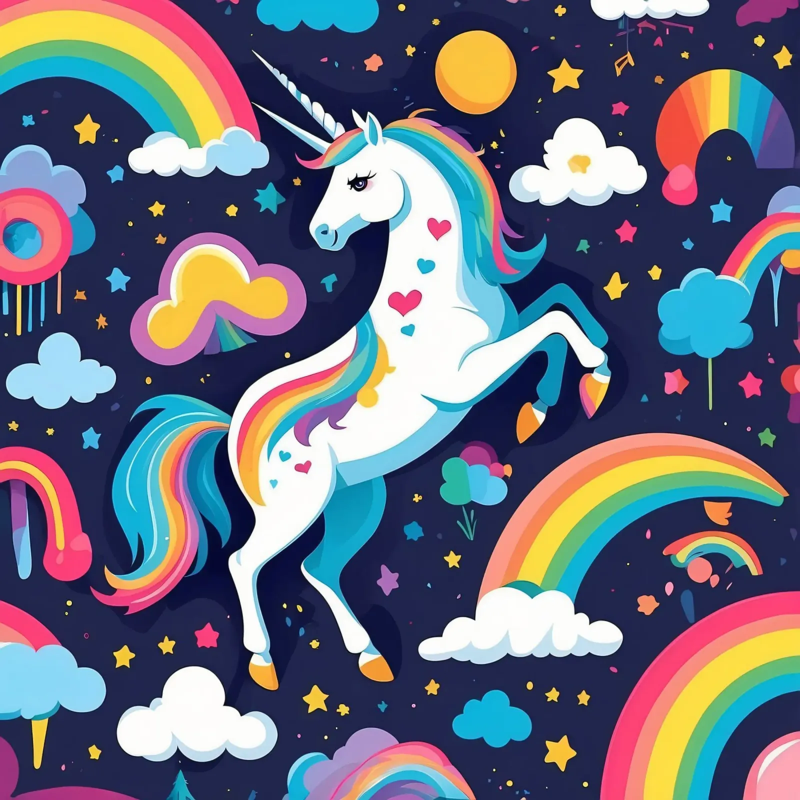 Un unicorno colorato si erge maestoso su uno sfondo vibrante poster da DesignDoodle