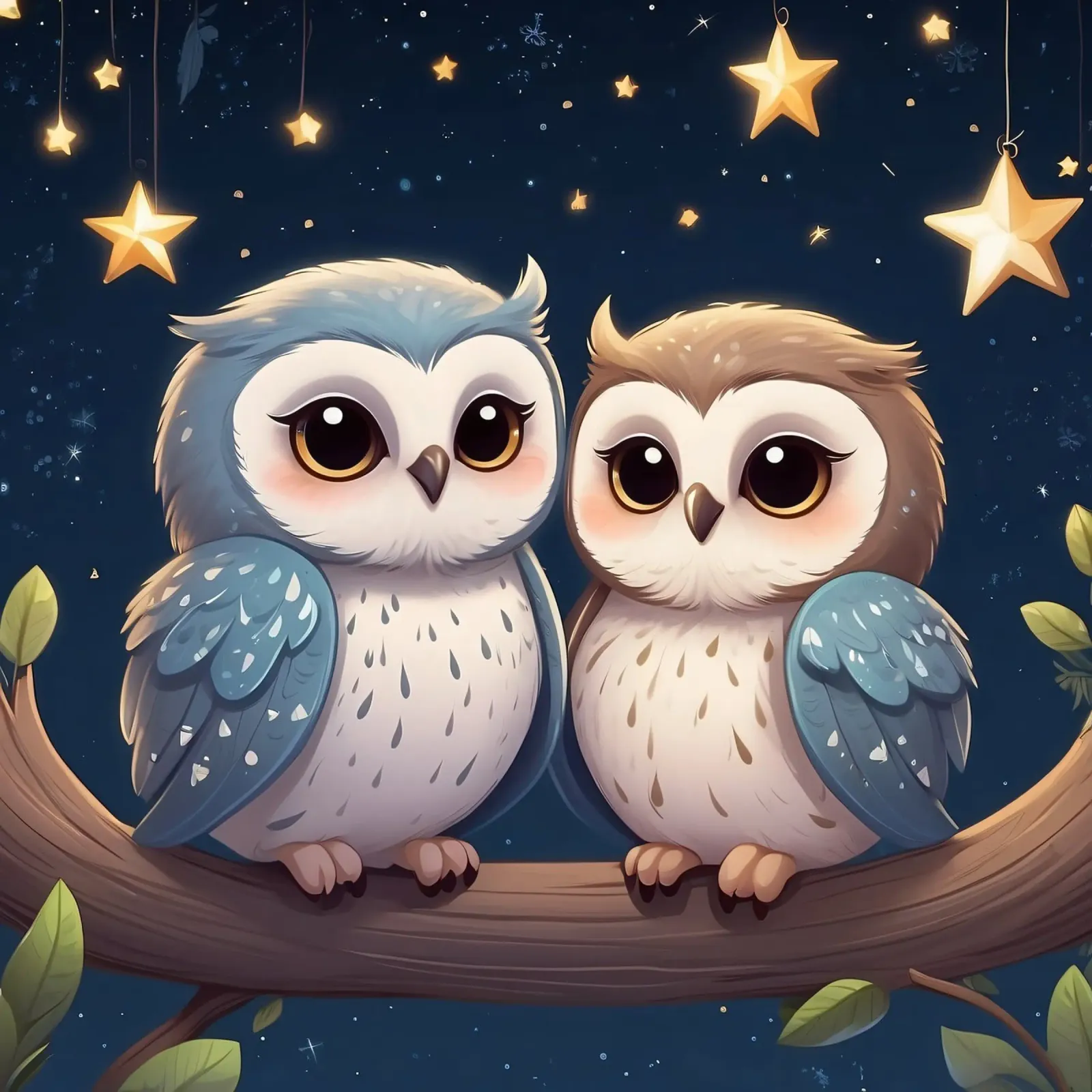 Due gufi appollaiati su un ramo sotto un cielo stellato notturno tela da DesignDoodle