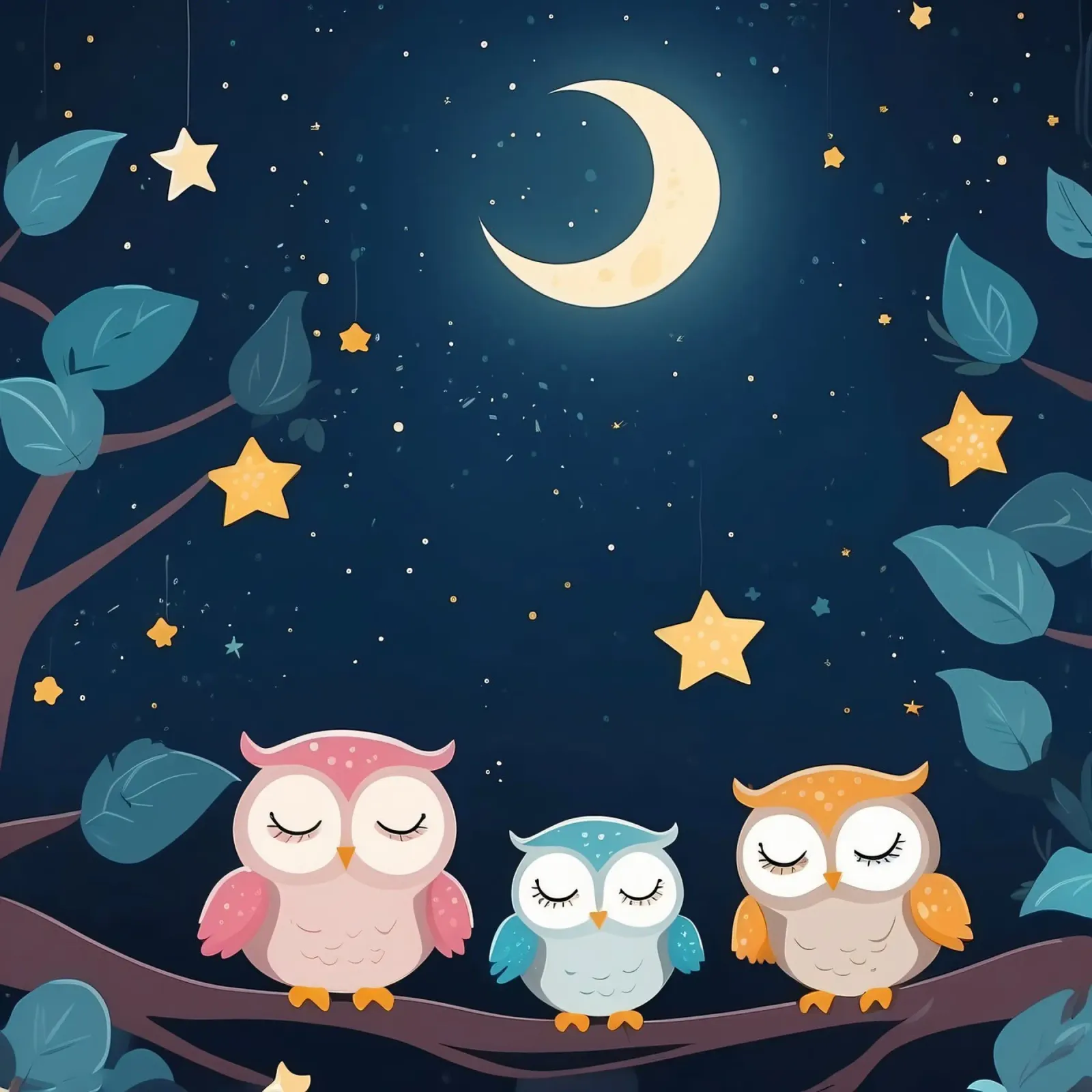 Simpatici gufi che dormono su un ramo sotto un cielo stellato notturno poster con telaio in alluminio da DesignDoodle