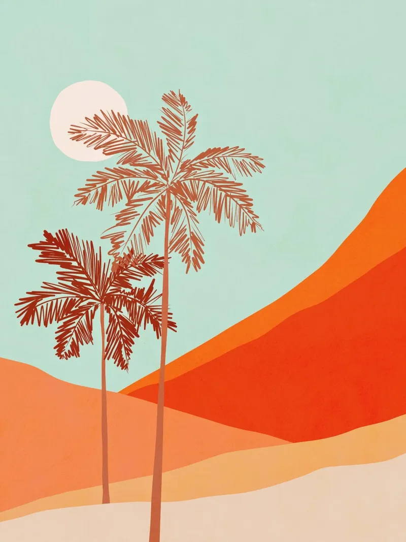 Duo di palme minimali in Sunny Desert - Corallo pesca e acqua carta hahnemühle da Dominique Vari