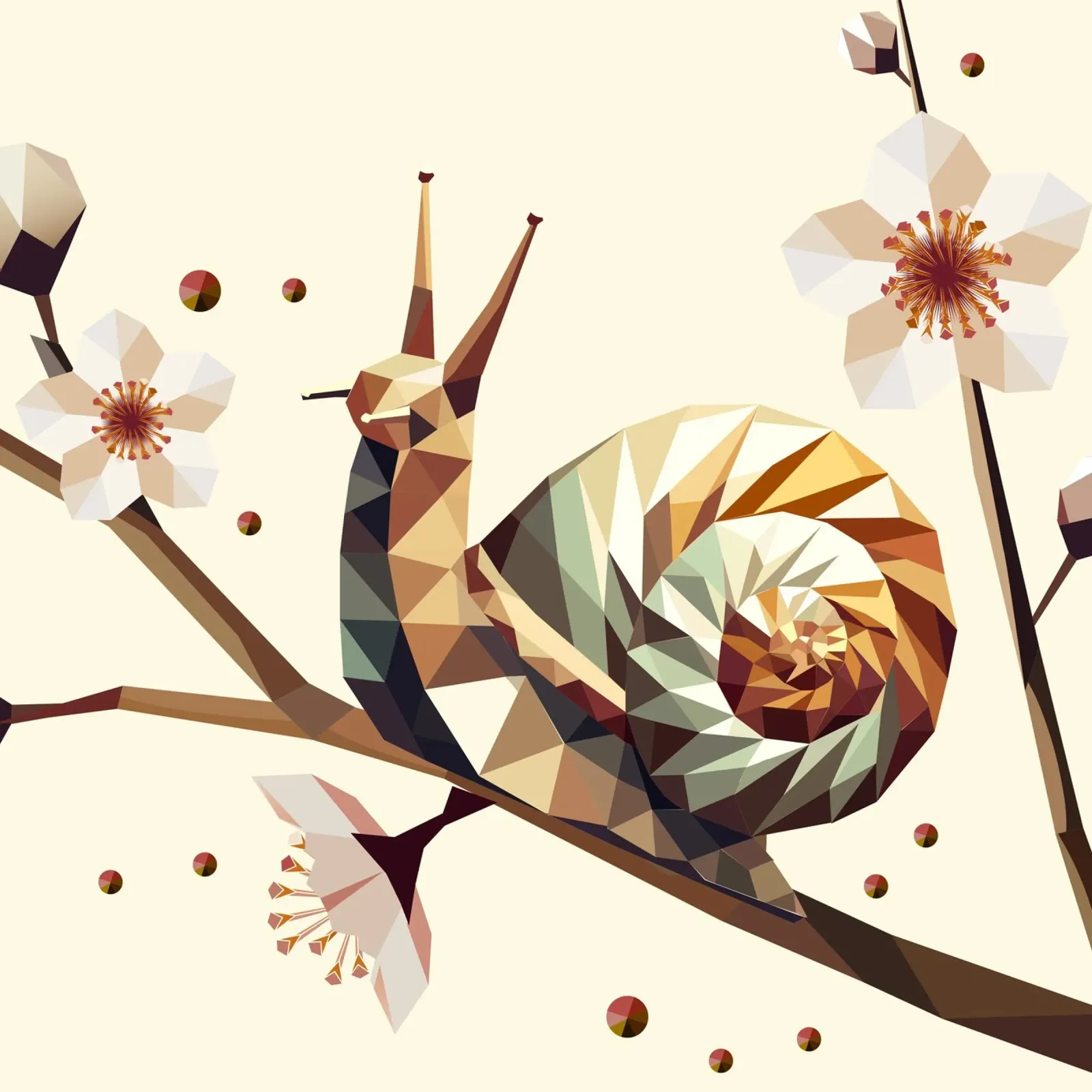 Geometric snail on a flowering branch - motif for spring canvas by namosh