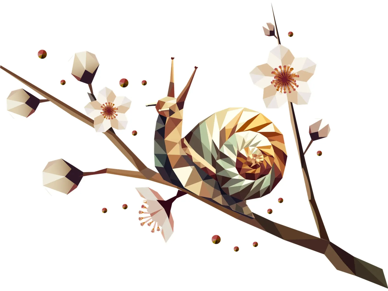 Snail on a flowering branch - spring meets low-poly canvas by namosh