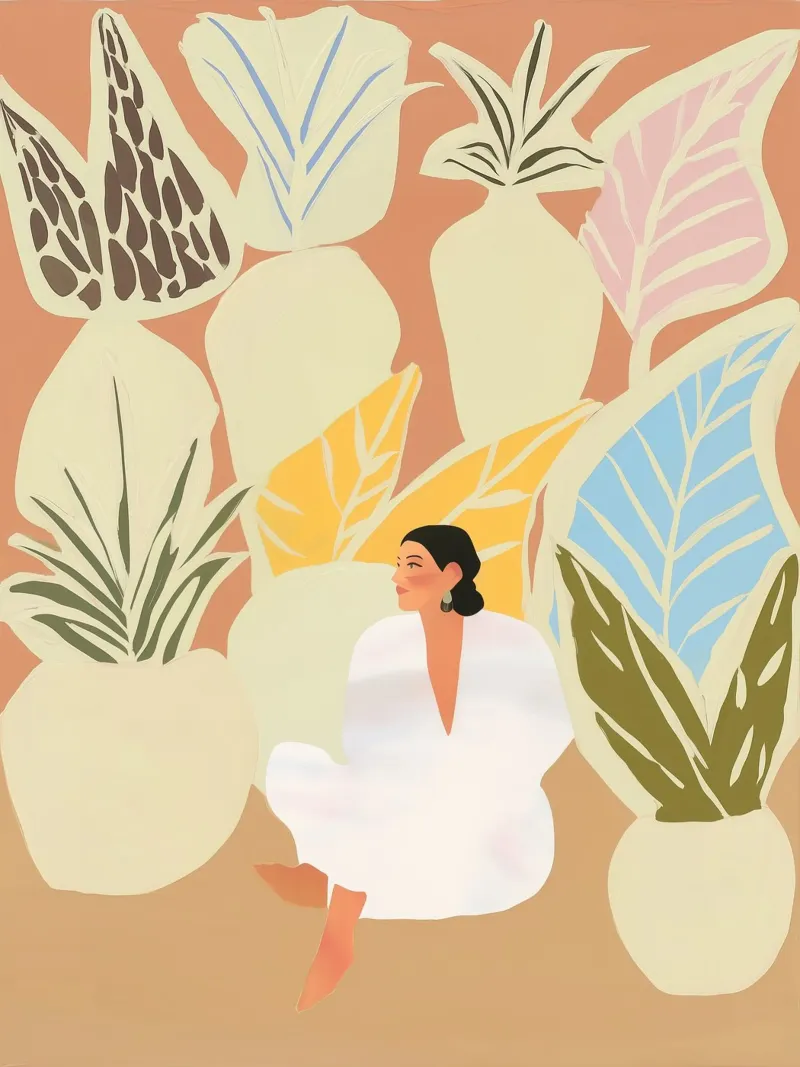 Donna in giardino a pastello | Pittura naïf benessere Boho carta hahnemühle da Autofocus