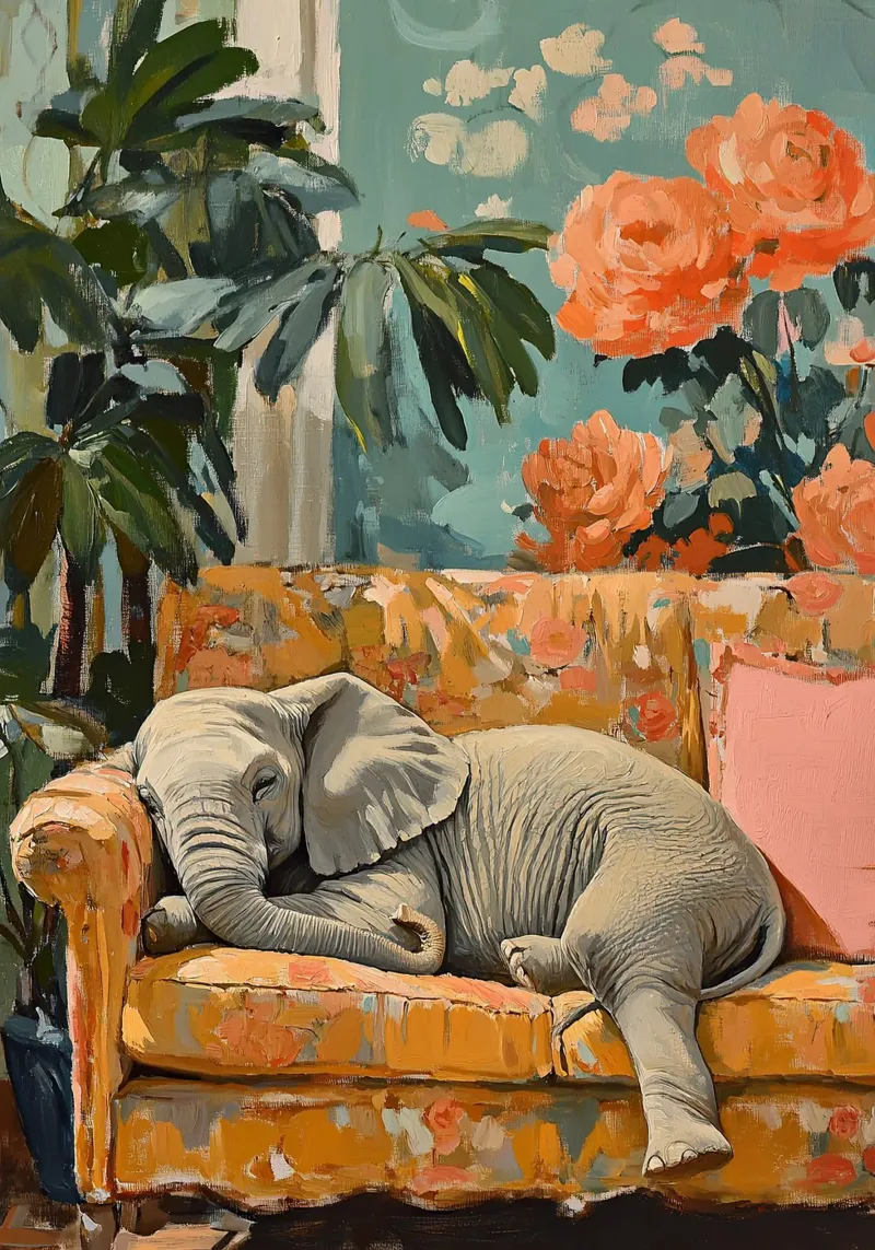 Elefante: Pachiderma che si accoccola poster con telaio in alluminio da Nikis Art Studio