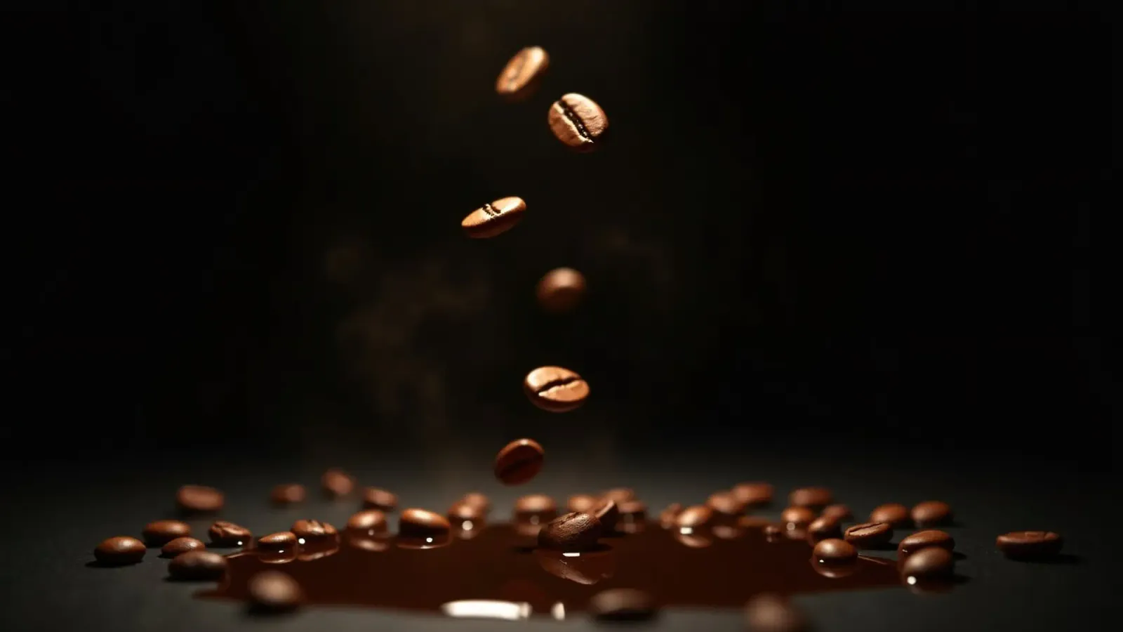 Chicchi di caffè che cadono con grazia sopra una pozza di caffè fresco carta hahnemühle da DesignDoodle