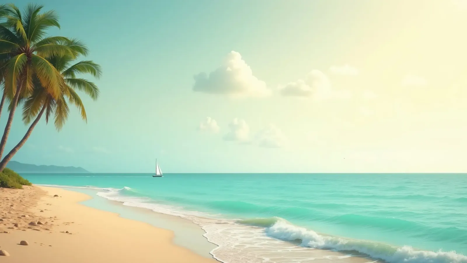 Spiaggia tropicale con palme e barca a vela su un oceano tranquillo carta hahnemühle da DesignDoodle