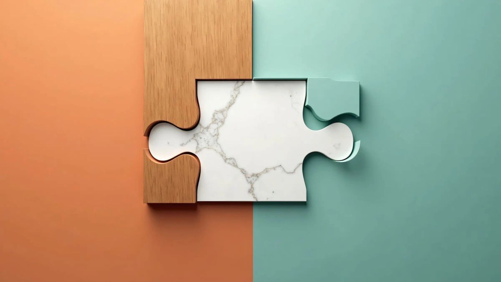 Puzzleteil mit Holz- und Marmortexturen auf kontrastierenden Poster von DesignDoodle