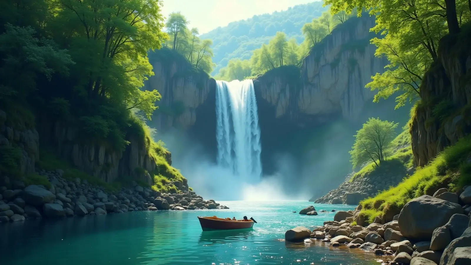 Bootstour in der Nähe eines atemberaubenden Wasserfalls, umgeben von üppigem Grün Hahnemühle von DesignDoodle