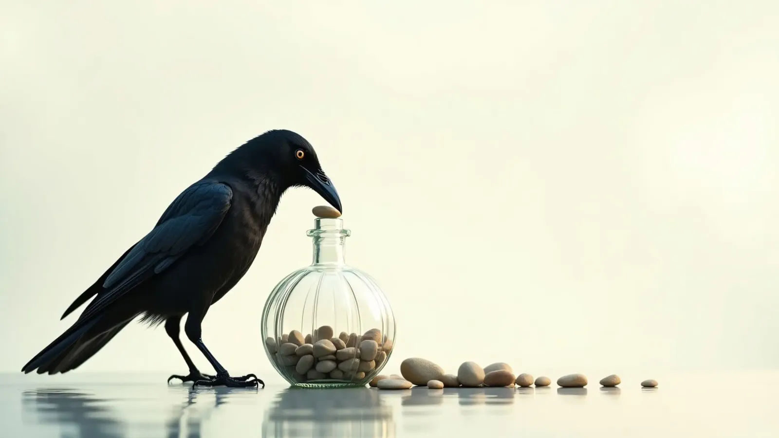 Corvo nero recupera dei sassolini da un vaso di vetro pellicola backlit da DesignDoodle