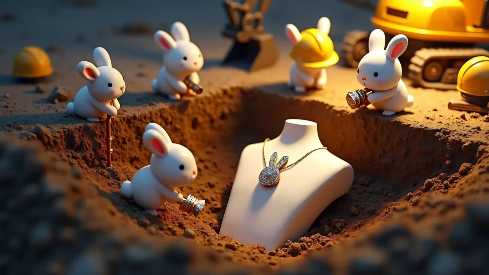 Coniglietti creativi scavano gioielli in un cantiere giocoso alluminio dibond da DesignDoodle