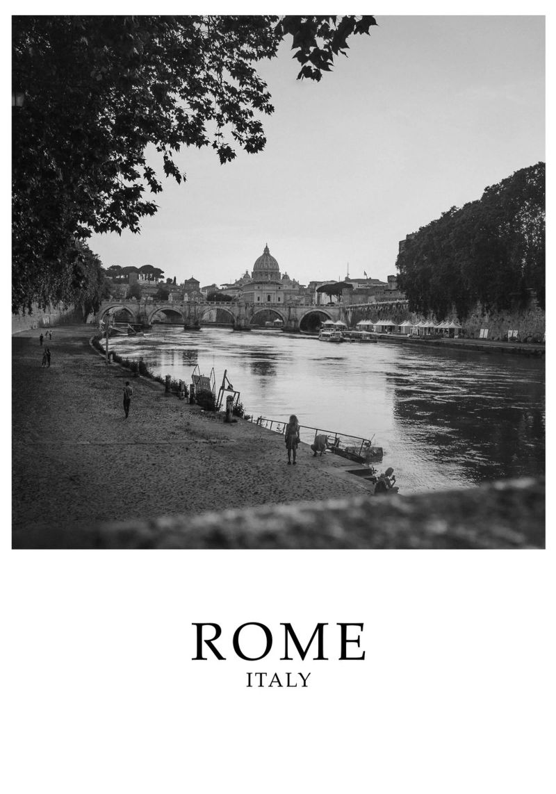 Rome Italie fleuve Tibre paysage urbain scène échelle de gris poster de Charnwood Prints