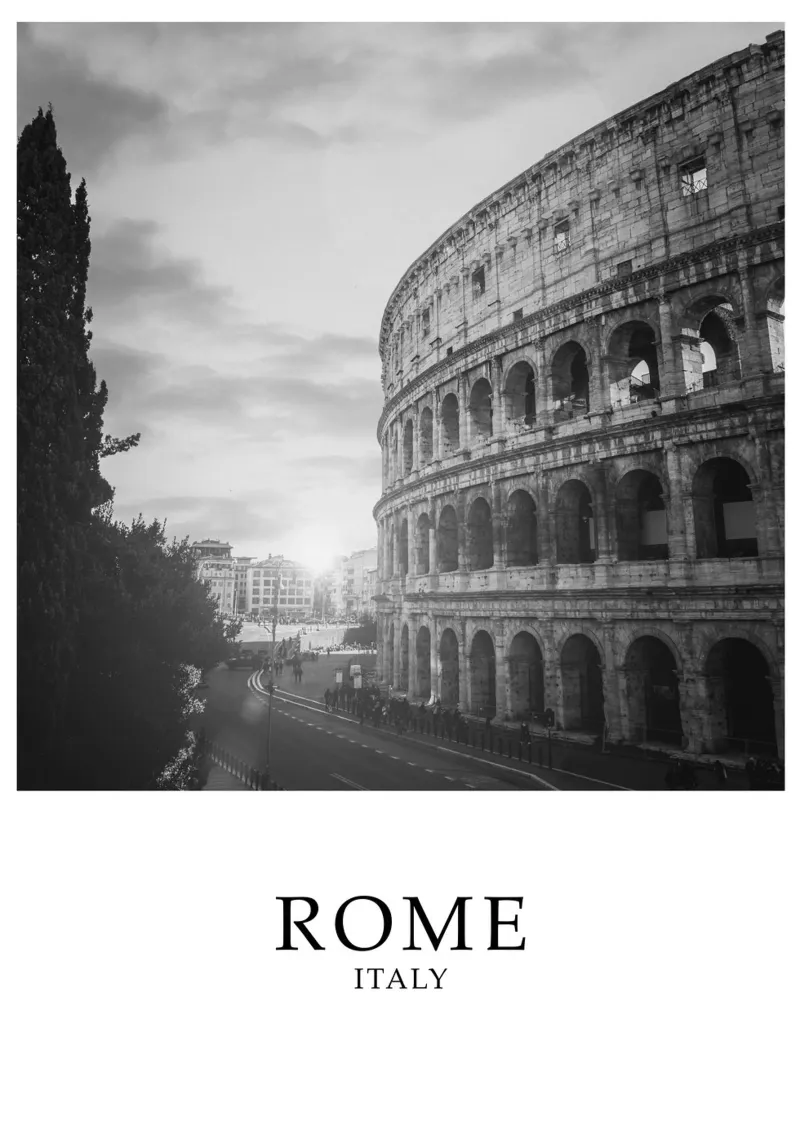 Roma Italia Colosseo Street Cityscape Scene Scala di grigio pellicola backlit da Charnwood Prints