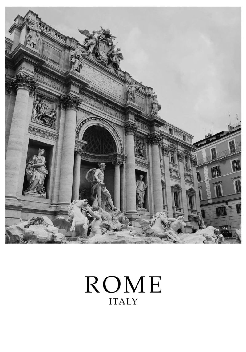 Rome Italie Fontaine de Trevi Art Architecture Scène échelle de gris poster de Charnwood Prints