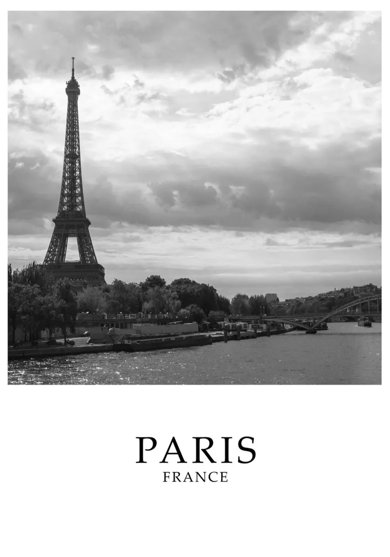 Parigi Francia Torre Eiffel Fiume Senna Paesaggio urbano in scala di grigi pellicola backlit da Charnwood Prints