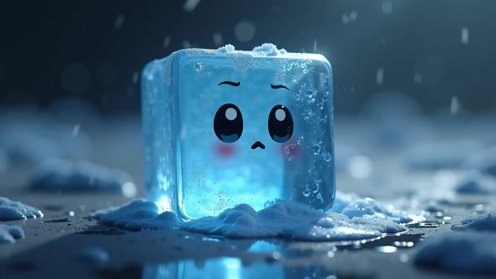 Simpatico personaggio di un cubo di ghiaccio circondato da neve e acqua che si scioglie pellicola backlit da DesignDoodle