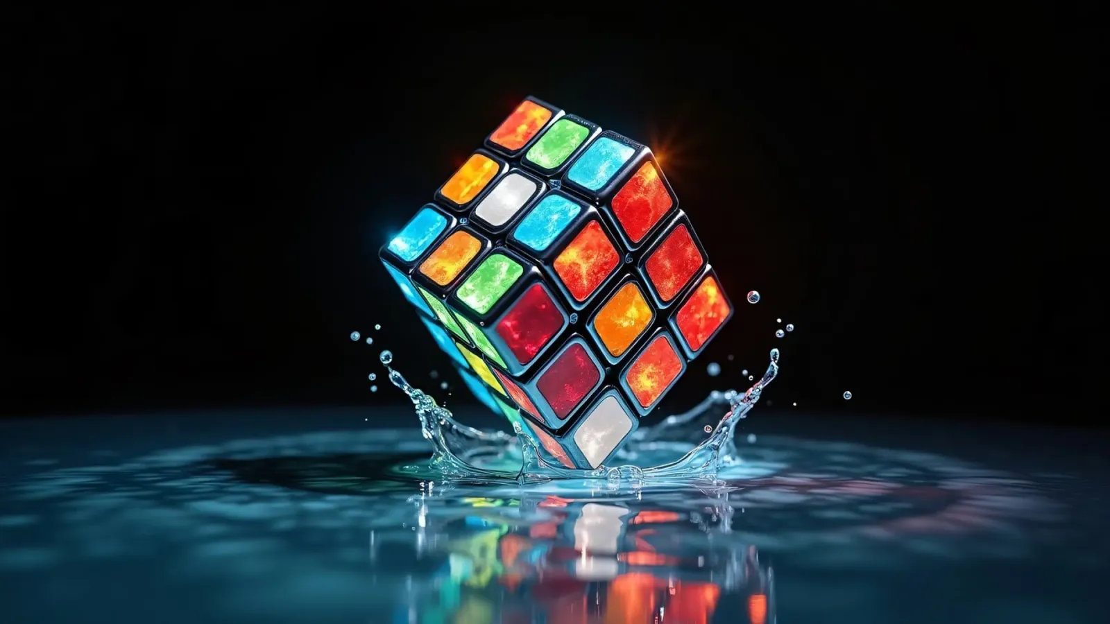 Rubik's cube coloré éclaboussant l'eau de reflets vibrants hahnemühle de DesignDoodle