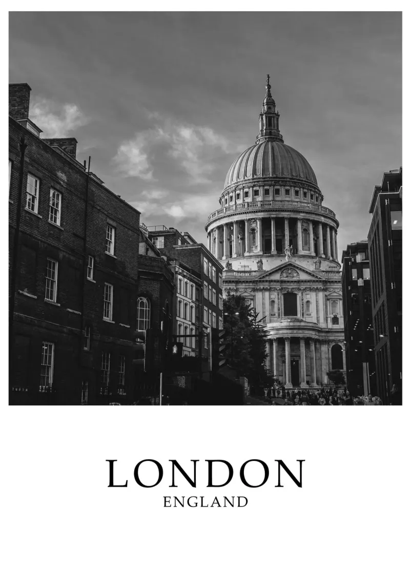 Londra Inghilterra Cattedrale di St. Pauls Scena di paesaggio urbano in scala di grigi pellicola backlit da Charnwood Prints