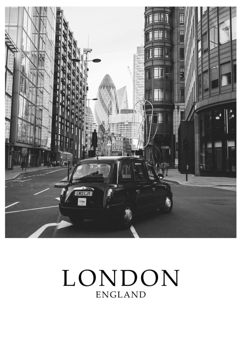 City of London England Black Cab Gherkin Stadtbild Graustufen Poster von Charnwood Prints