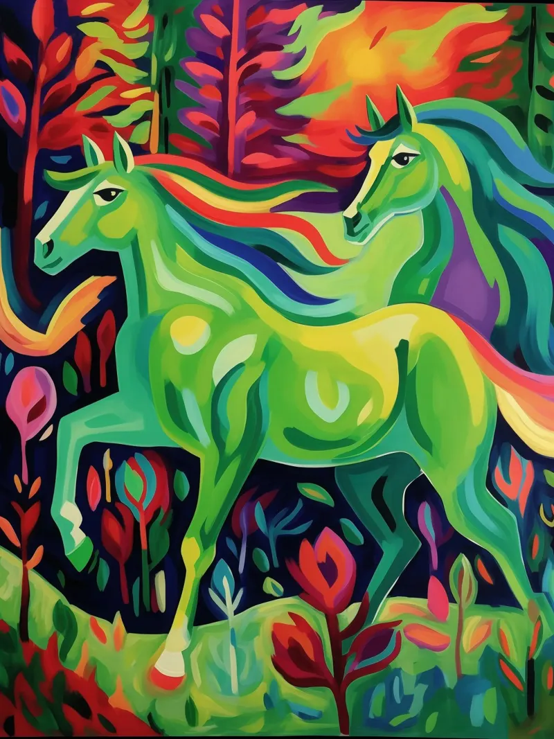 Cavalli verdi in fuga | Pittura espressionista poster da Autofocus