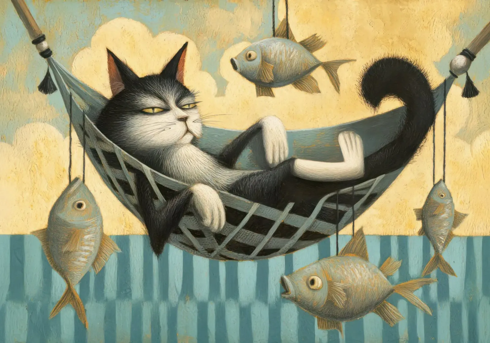 Relaxed Tuxedo Cat Chilling with Floating Fish canvas with Floater frame by Modern Muse