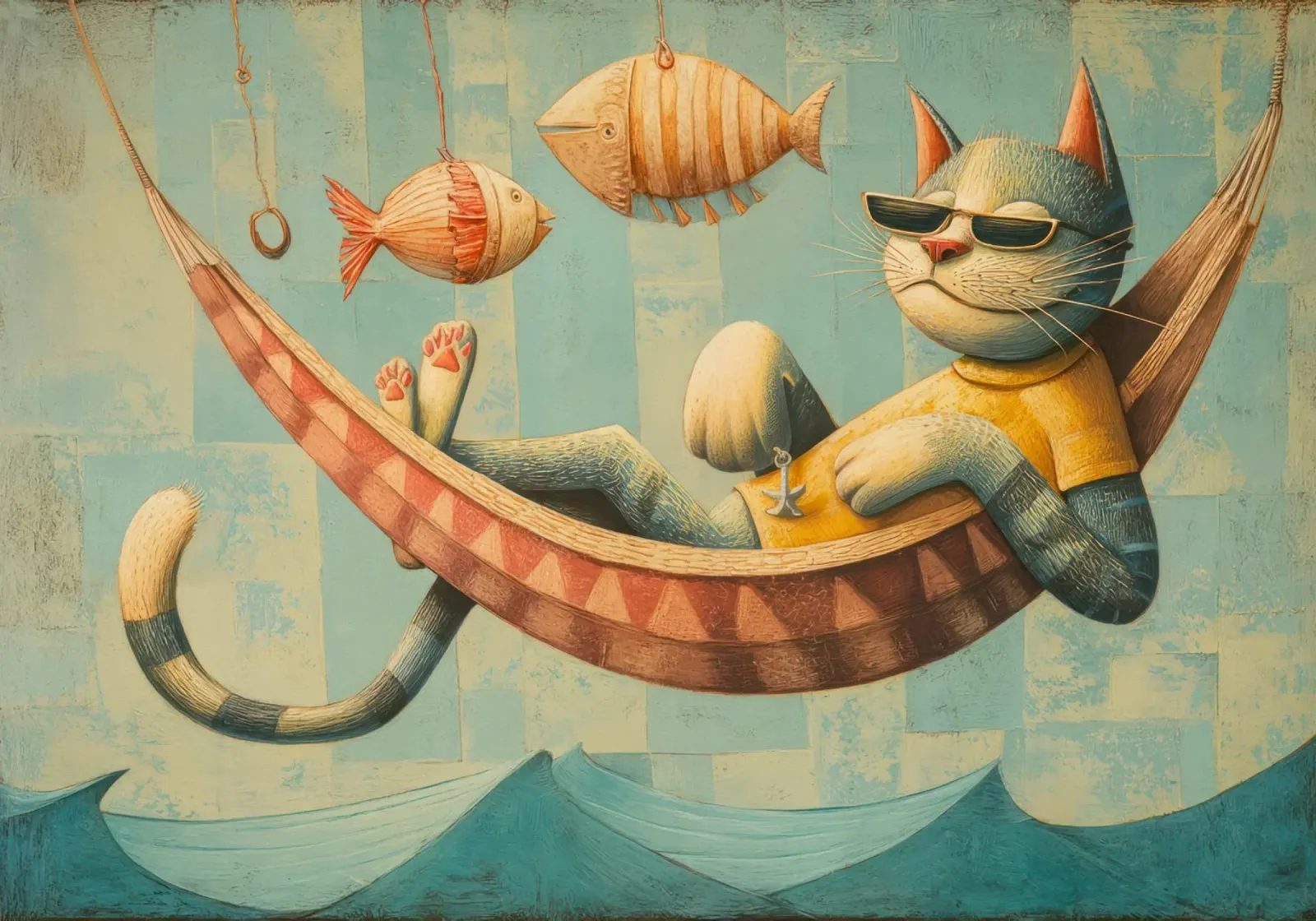 Stylish Cat Lounging in Hammock Over Ocean Waves canvas by Modern Muse