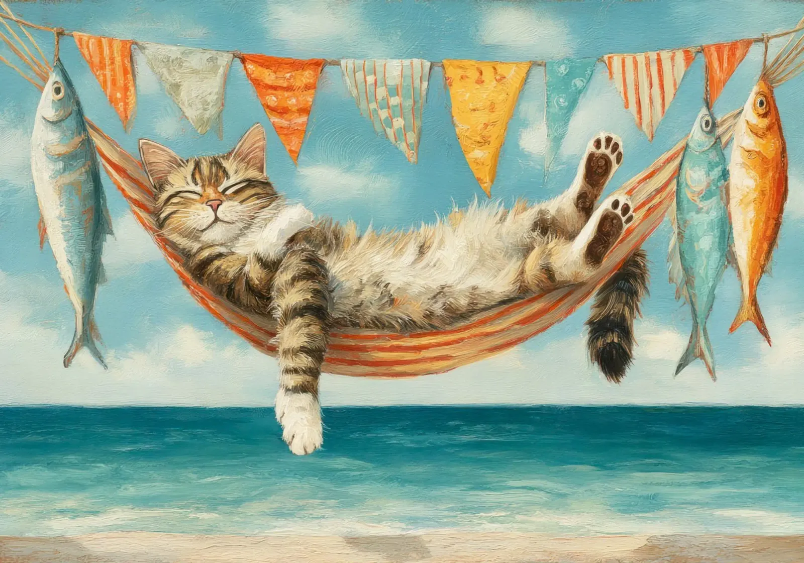 Tabby Cat Napping in Hammock by the Sunny Seaside hahnemühle by Modern Muse