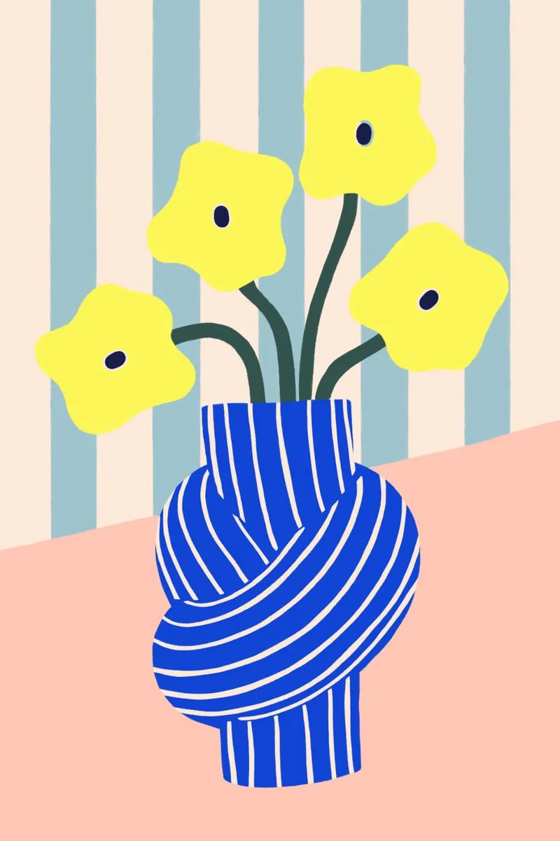 Gelbe Blumen in blau gestreifter Knoten Vase poster con telaio in legno da Maren Gross