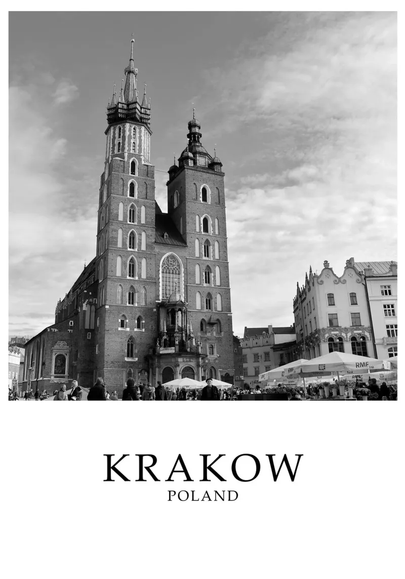 Cracovia Polonia Basilica di Santa Maria Architettura Scena in scala di grigi pellicola backlit da Charnwood Prints