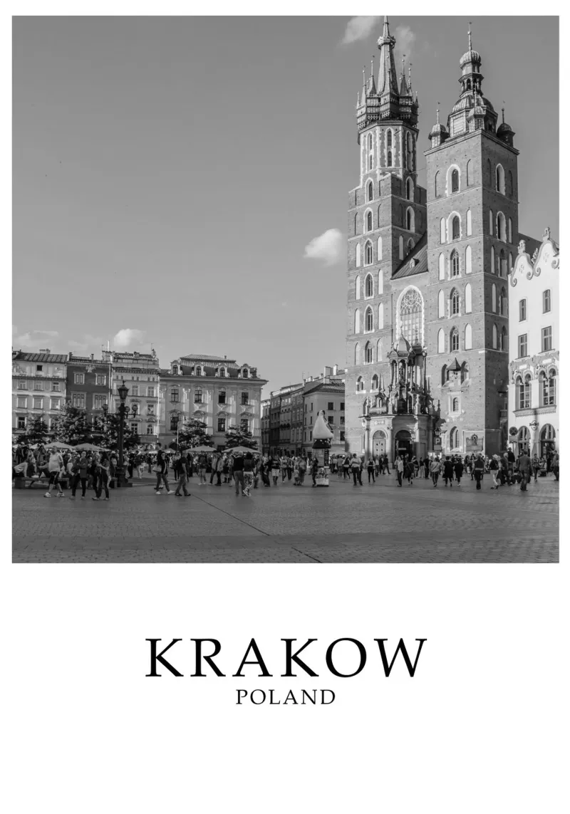 Cracovia Polonia Basilica di Santa Maria Architettura Scena in scala di grigi poster con telaio in plastica da Charnwood Prints