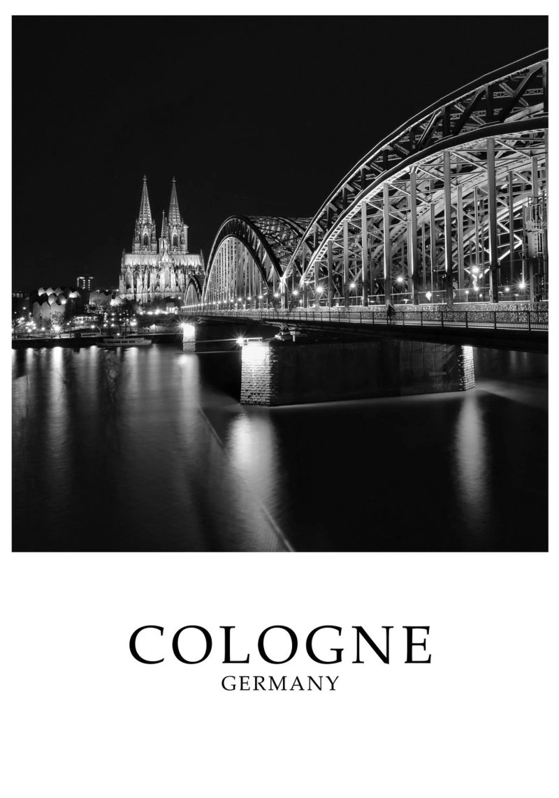 Köln Deutschland Dom und Brücke Szene Graustufen Poster von Charnwood Prints