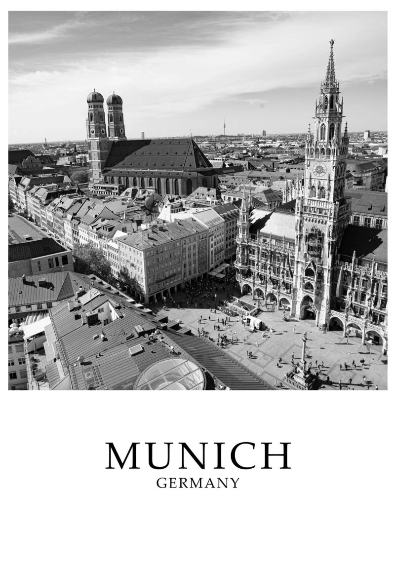 Munich Germany Frauenkirche Skyline Scene Greyscale Poster von Charnwood Prints