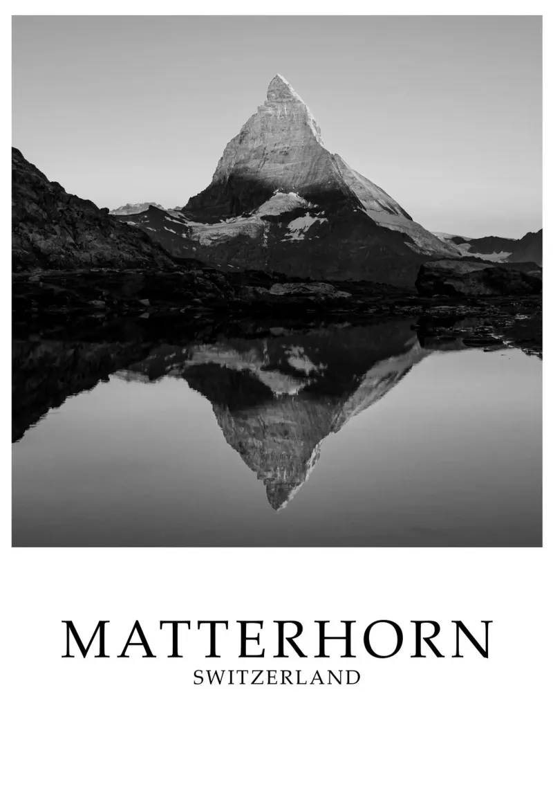 Matterhorn Schweiz Landscape Scene Graustufen Leinwand mit Schattenfugenrahmen von Charnwood Prints