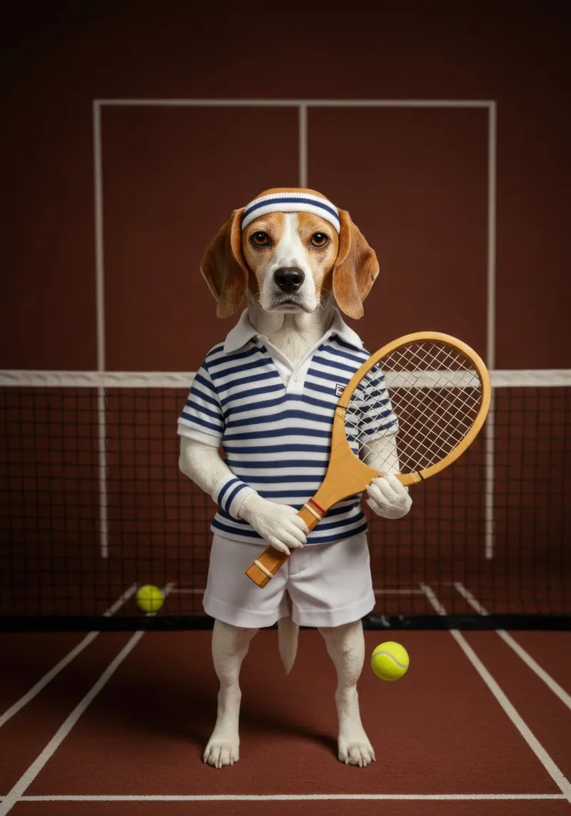 Tennis Beagle Poster mit Holzrahmen von Pawtrait Studio
