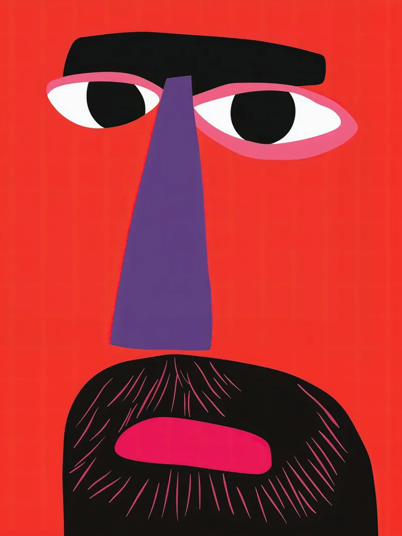 Minimalist self-portrait of the artist with beard in red canvas by Autofocus